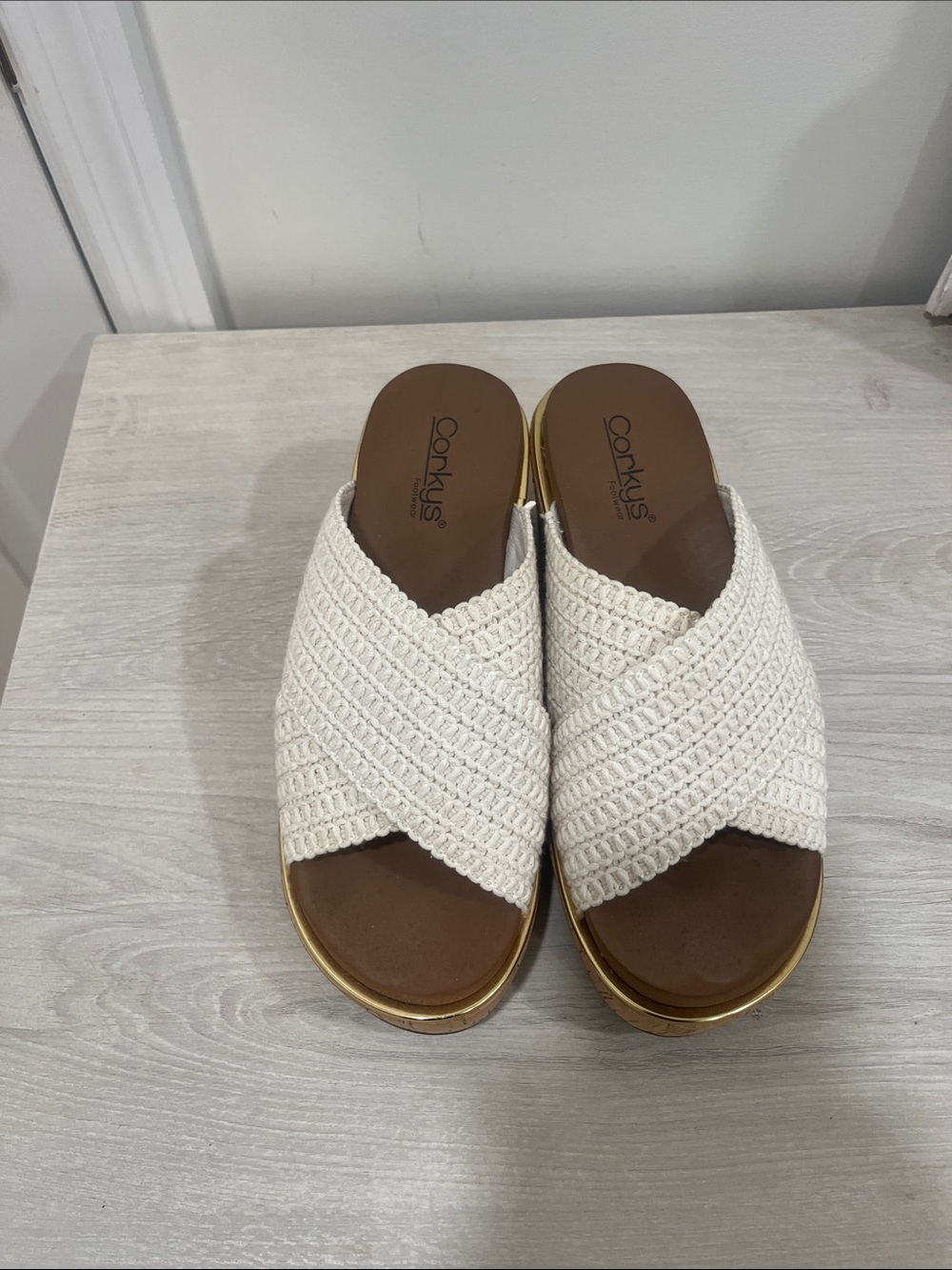 Corkys Cream Crochet Crossband Slide Sandals with Gold Trim